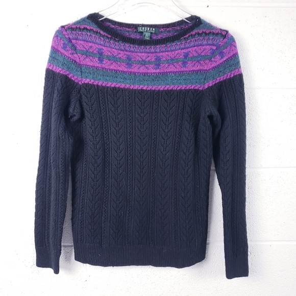 Lauren Ralph Lauren Fair Isle Sweater Mohair Wool Women’s Small Black Purple - Picture 1 of 8